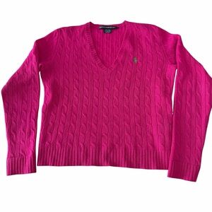 Ralph Lauren Sport Womens V-neck Cable-knit Sweater 100% Lambswool Sz Large Pink